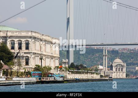 Dolmabahce Palace on the Bosporus River, Bosporus Bridge and Mecidiye Mosque at back, Istanbul, Turkey Stock Photo