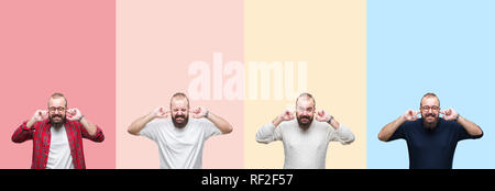 Collage of young man with beard over colorful stripes isolated background covering ears with fingers with annoyed expression for the noise of loud mus Stock Photo