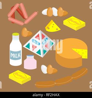 A set of dairy and meat products. Vector. Stock Vector