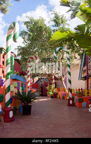 Mellieha, Malta, 30 december 2018 - Colorfull candy city for children in Popeye village movie set post office house entrance and candyes Anchor bay Stock Photo