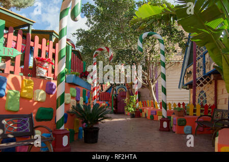 Mellieha, Malta, 30 december 2018 - Colorfull candy city for children in Popeye village movie set post office house entrance and candyes Anchor bay Stock Photo