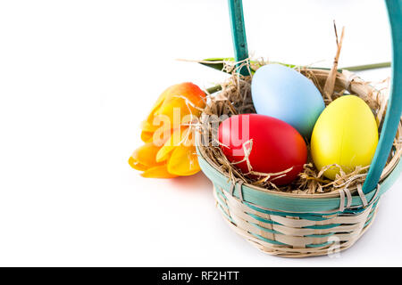 Colorful easter eggs in a basket and tulips isolated on white background. Copyspace Stock Photo