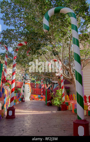 Mellieha, Malta, 30 december 2018 - Colorfull candy city for children in Popeye village movie set post office house entrance and candyes Anchor bay Stock Photo