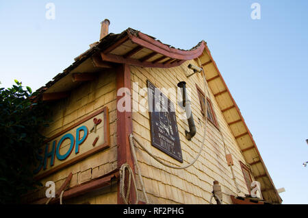 Mellieha , Malta, 30 december 2018 - Silversmith old wooden house in Popeye village Anchor bay Stock Photo