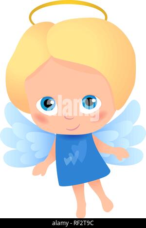 Angel with blonde hair in a blue dress with hearts in front, blue wings. Cartoon character, suitable for print and web design of cards, banners… Stock Vector