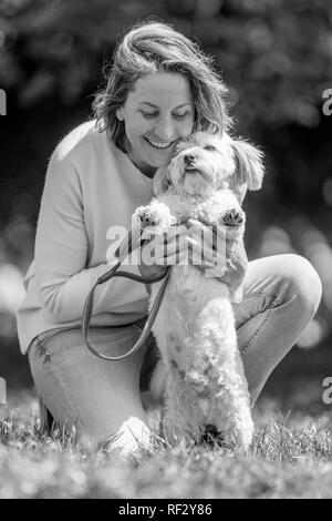 A Woman holding her little dog up in the park at a dog show Stock Photo