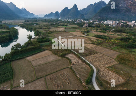 Aerial view of rice fields along the pearl river in china seen from a hot air balloon Stock Photo