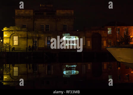 Leith, Edinburgh, Scotland, United Kingdom, 23 January 2019. Message from the Skies is a nightly light projection in six locations in the capital. It is commissioned by Edinburgh’s Hogmanay and Edinburgh International Book Festival, produced by Underbelly with Edinburgh UNESCO City of Literature Trust and supported by Creative Scotland. Leith Custom House with Chitra Ramaswamy's story A Love Letter to Europe Stock Photo