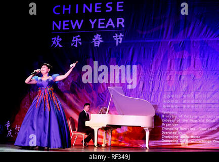 Beirut, Lebanon. 23rd Jan, 2019. A singer performs during a performance hosted by the Chinese Embassy in Lebanon, in Beirut, Lebanon, Jan. 23, 2019. The Chinese Embassy in Lebanon celebrated Wednesday its Lunar New Year and the beginning of spring season with performance by China's Chongqing Symphony Orchestra. Credit: Bilal Jawich/Xinhua/Alamy Live News Stock Photo