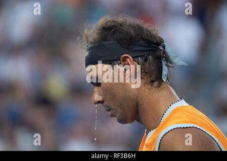 Melbourne, Australia. 24th Jan, 2019. Rafael Nadal of Spain reacts during the men's singles semifinal match between Rafael Nadal of Spain and Stefanos Tsitsipas of Greece at the 2019 Australian Open in Melbourne, Australia, on Jan. 24, 2019. Rafael Nadal won 3-0. Credit: Bai Xue/Xinhua/Alamy Live News Stock Photo