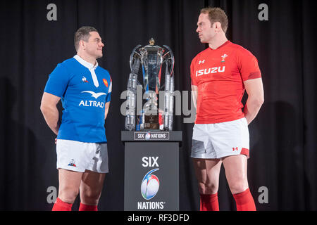 Swansea, UK. 23rd Jan, 2019. Guinness Six Nations Rugby Tournament launch at the Hurlingham Club in London - 23rd January 2019 France Captain Guilhem Guirado and Wales Captain Alun Wyn Jones alongside the Six Nations trophy Credit: Phil Rees/Alamy Live News Stock Photo