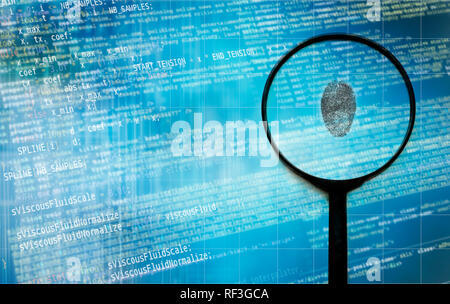 fingerprint, magnifier and computer code, concept for digital fingerprint, computer forensic and criminal identification using technology Stock Photo