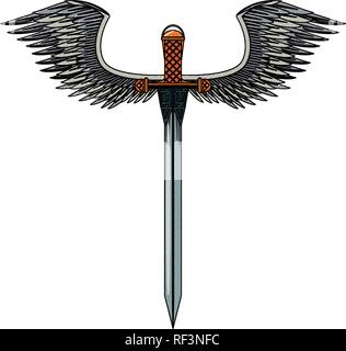 Sword weapon with wings scribble Stock Vector