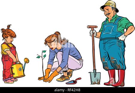 Mother, daughter and grandfather work in the garden. Family plan Stock Vector