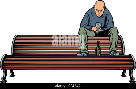 skinhead bully sitting on a bench with a bottle Stock Vector