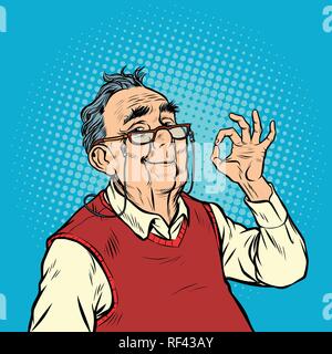 smile elderly man with glasses okay gesture Stock Vector