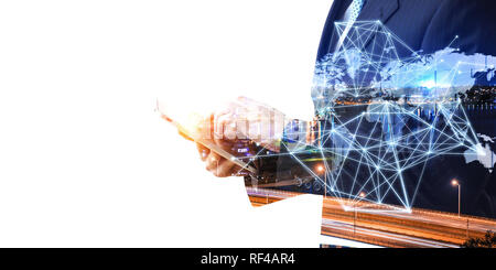 Close of businessman holding tablet pc and presenting connection concept. 3d rendering Stock Photo