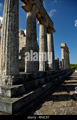 The temple of Aphaia stands on a pine-clad hill in northeast Aegina since the Mycenaean period, erected at approximately 500-490 BC. The temple is a D Stock Photo