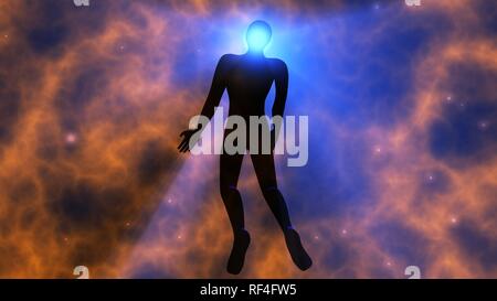 Man floating, rising into space , heavens. Astral plane. Silhouette. 3d ...