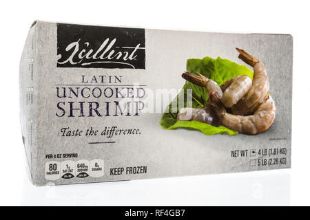 Winneconne, WI - 11 January 2019:  A package of Xcellent latin uncooked shrimp on an isolated background. Stock Photo