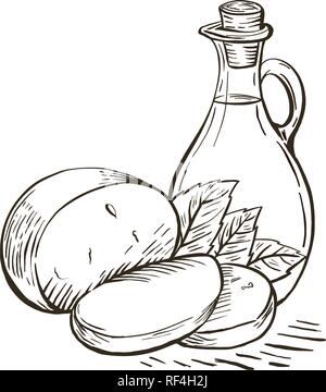 Olive oil in glass bottle with cheese mozzarella and basil leaves. Italian food. Hand drawn design element. Vintage vector engraving illustration for logotype, poster, web. Stock Vector