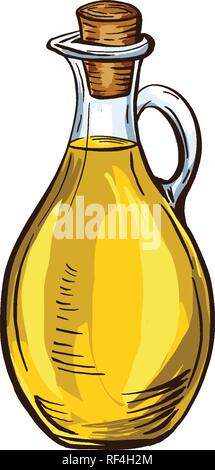 Bottle and Jug glass of liquid with cork stopper. Olive oil. Hand drawn design element. Vintage black and color vector engraving illustration for logotype, poster, web. Isolated on white background. Stock Vector