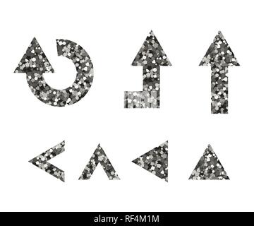 Set of silver shiny arrows. Tinsel vector illustration. Cursor icons Stock Vector