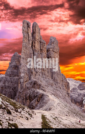 Sunset over Torri di Vajolet in Rosengarten Catinaccio massif. Beautiful view in Dolomites mountains, Alto Adige, South Tyrol, Italy Stock Photo