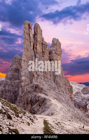 Sunset over Torri di Vajolet in Rosengarten Catinaccio massif. Beautiful view in Dolomites mountains, Alto Adige, South Tyrol, Italy Stock Photo