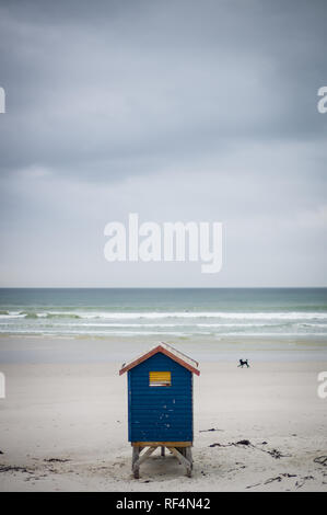 These colorful beach huts in Muizenberg, False Bay, Cape Town, Western Cape Province, South Africa are icons of summer beach holidays in Cape Town. Stock Photo