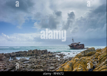 Cape Agulhas is notoriously dangerous for ships and despite the nearby lighthouse, the Meisho Maru no 38, a small Japanese fishing vessel, ran aground Stock Photo