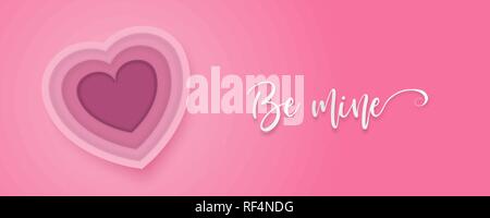 Paper cut valentines day origami web banner in pastel colors. Cute love holiday horizontal banner design. Be mine heart. Stock Vector