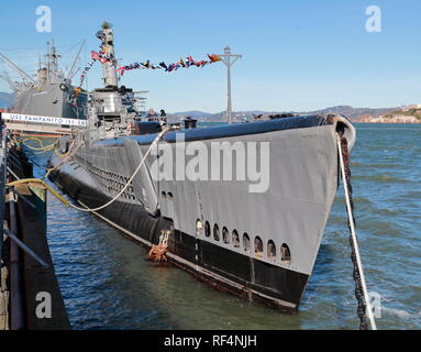 WW II Submarine USS Pampanito moored in San Francisco harbour, USA Stock Photo