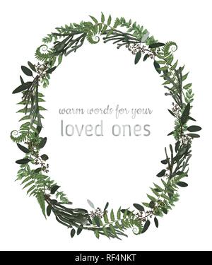 Beautiful leafy frame wreath of eucalyptus, brunia, fern and boxwood branches isolated on white. For wedding invitations, vignettes, postcards, poster Stock Vector