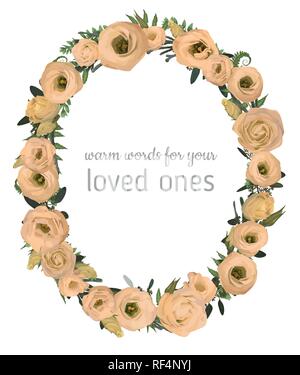 Beautiful leafy frame wreath of eucalyptus, brunia, fern and boxwood branches and flowers eustoma cream. For wedding invitations, vignettes, postcards Stock Vector
