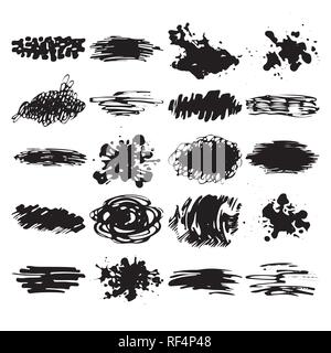 Large set of hand drawn grunge elements isolated on white background. Black ink borders, brush strokes, stains, banners, blots, splatters. Vector illu Stock Vector