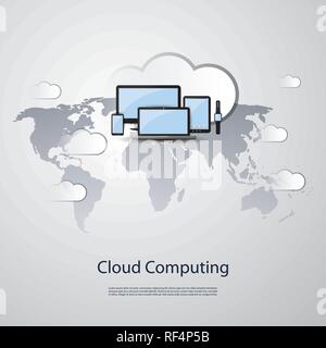 Global Cloud Computing, Telecommunication Concept Design with Mobile Devices, Smart Watch and World Map Stock Vector