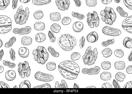 Nuts Seamless vector pattern. Outline hand drawn illustration. Black and white food background. Stock Vector