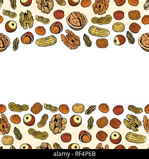 Vector seamless pattern with nuts and seeds. Pistachios, brasil nuts, pecan, hazelnut, nutmeg, cashew background. Hand drawn elements in sketch style. Stock Vector
