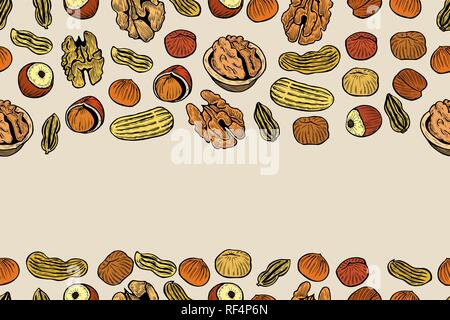 Vector seamless pattern with nuts and seeds. Pistachios, brasil nuts, pecan, hazelnut, nutmeg, cashew background. Hand drawn elements in sketch style. Stock Vector