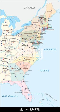 Vector map of the East Coast, United States Stock Vector