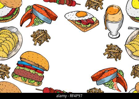 Colored Gourmet Burgers and ingredients for burgers vector illustration. Fast food, junk food frame. American food. Elements for burgers restaurant me Stock Vector