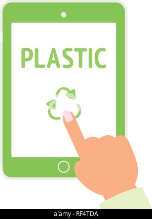 Female hands holding a tablet with recycling concept. Tablet PC in human hands. Flat style Stock Vector