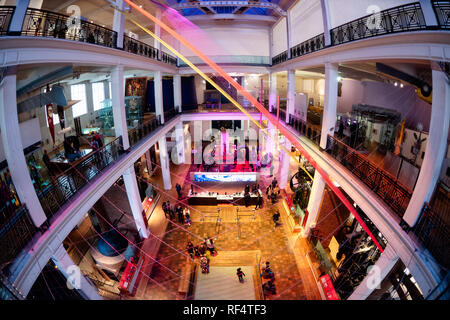 LONDON, United Kingdom — The main atrium of the Science Museum in South Kensington, London. This world-renowned museum, founded in 1857, houses a vast collection of scientific, technological, engineering, and mathematical exhibits. The museum showcases the evolution of scientific discovery and industrial innovation from the 18th century to the present day. Stock Photo