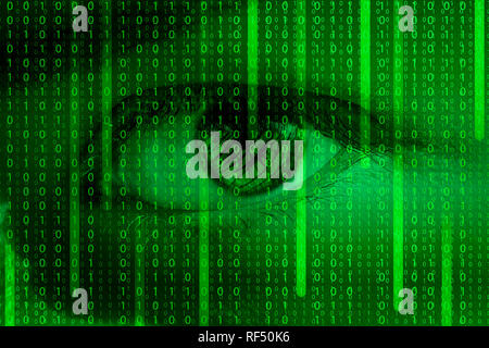 Human eye and matrix pattern with binary code - futuristic illustration. Concept background for high tech, data security or artificial intelligence de Stock Photo