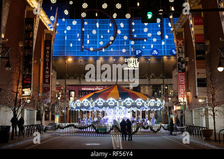 Denver, Colorado - December 27, 2018: Carrousel at night placed in the 16th mall street in Denver, Colorado Stock Photo