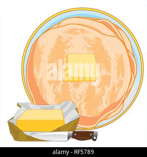Fresh pancakes on plate and piece of the cream butter on white background is insulated Stock Vector