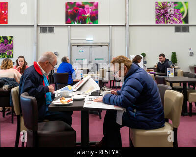 Senior man and woman in a Garden Centre Café relaxing enjoying breakfast and reading newspapers Stock Photo