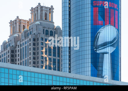 Super Bowl LIII graphics adorn the iconic Weston Peachtree Plaza tower in downtown Atlanta, Georgia ahead of the 2019 Super Bowl. (USA) Stock Photo