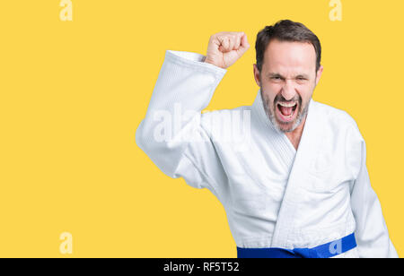 Handsome middle age senior man wearing kimono uniform over isolated background Dancing happy and cheerful, smiling moving casual and confident listeni Stock Photo